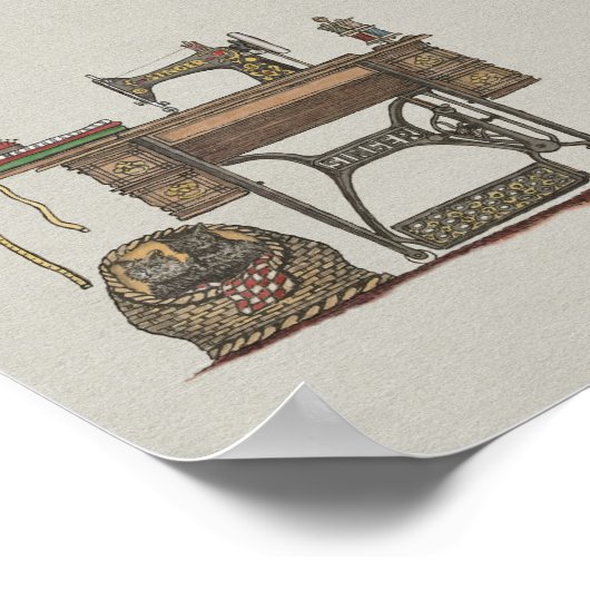Treadle Nähmaschine & Kätzchen Poster (Ecke)