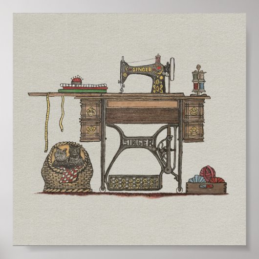 Treadle Nähmaschine & Kätzchen Poster (Vorne)