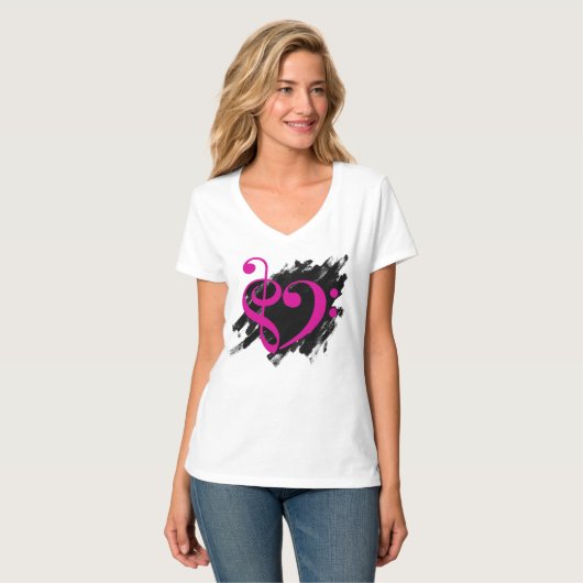 Treble and Bass Clef Musical Heart Fuchsia T-Shirt (Vorderseite Vollansicht)