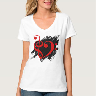 Treble and Bass Clef Musical Heart Red T-Shirt