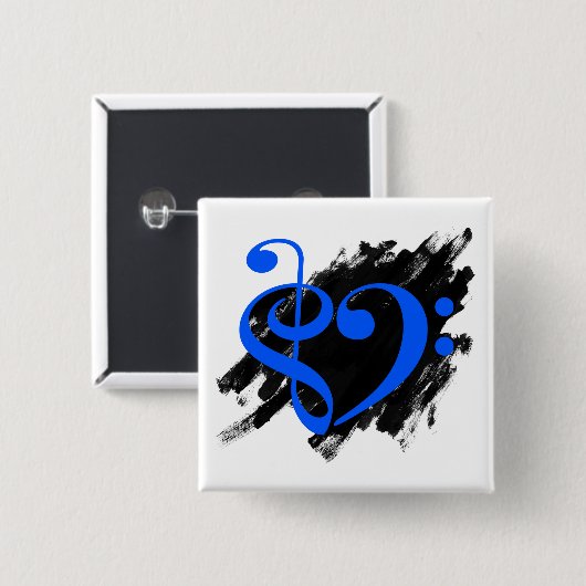 Treble and Bass Clef Musical Heart Royal Blue Button (Vorne & Hinten)
