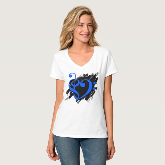 Treble and Bass Clef Musical Heart Royal Blue T-Shirt (Vorderseite Vollansicht)