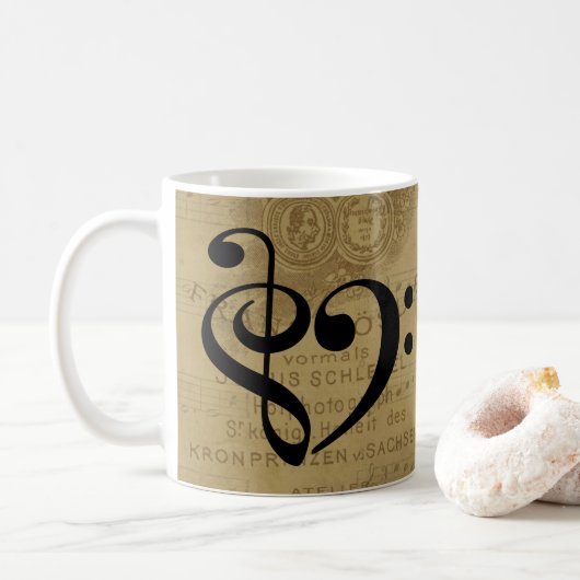 Treble Clef Bass Clef Herzstück Vintage Notenmusik Kaffeetasse (Mit Donut)
