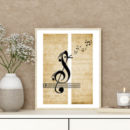 Treble Clef Bird Musiknotens Vintage Notenmusik Poster