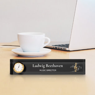Treble Clef Gold Black Musiknotens Clock Namensplakette