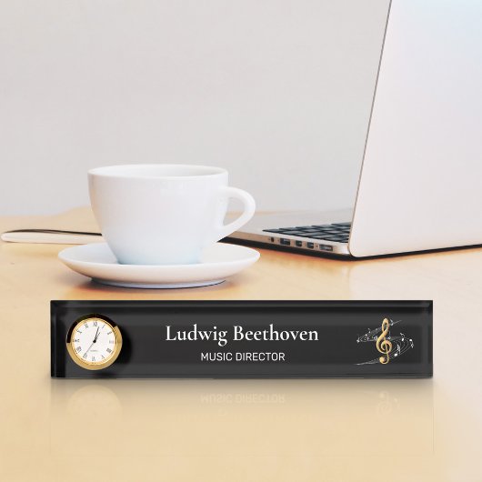 Treble Clef Gold Black Musiknotens Clock Namensplakette