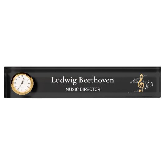 Treble Clef Gold Black Musiknotens Clock Namensplakette (Vorderseite)