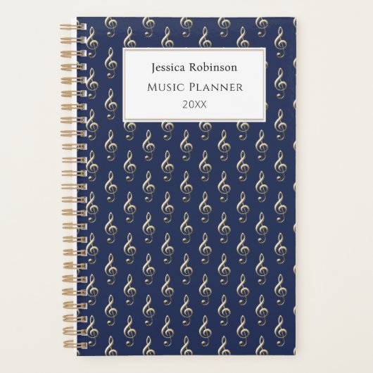 Treble Clef Music Themed Pattern Elegantes Navy Bl Planer (Vorderseite)
