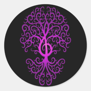 Treble Clef Tree, lila & schwarz Runder Aufkleber