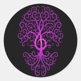 Treble Clef Tree, lila & schwarz Runder Aufkleber