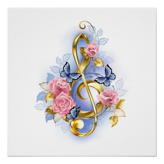 Treble clef with Pink Roses Poster (Vorderseite)