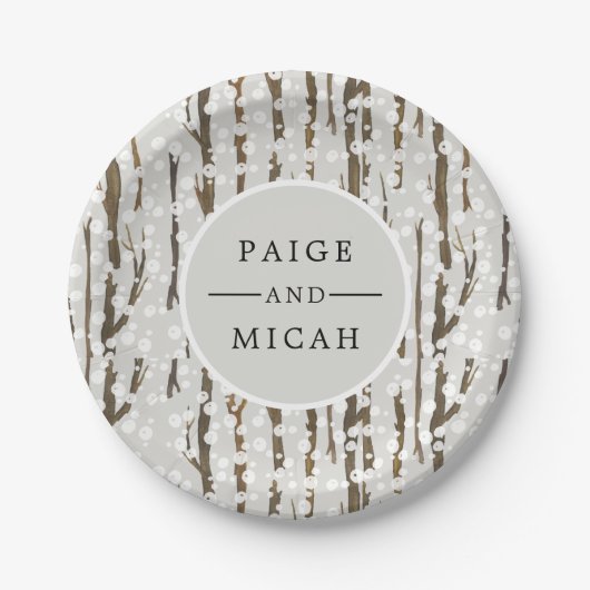 "Tree and Snow Winter Engagement Party" Pappteller (Vorderseite)