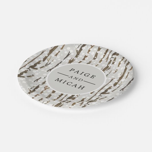 "Tree and Snow Winter Engagement Party" Pappteller (Schrägansicht)