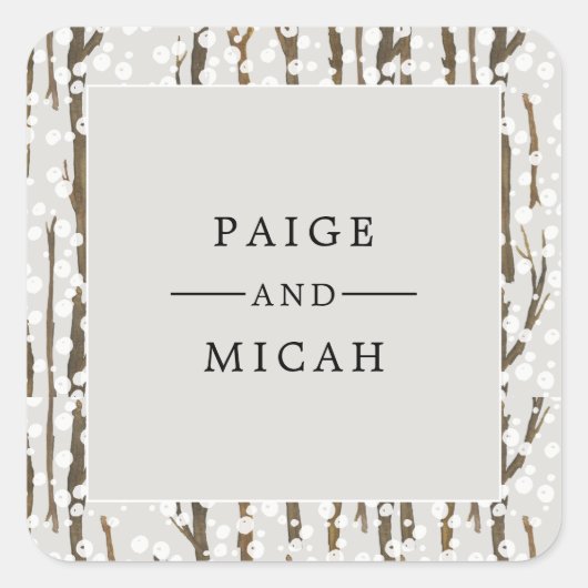 "Tree and Snow Winter Engagement Party" Quadratischer Aufkleber (Vorderseite)