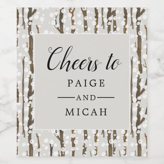 "Tree and Snow Winter Engagement Party" Weinetikett (Einzelnes Label)