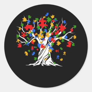 Tree Autism Puzzle Awareness Month ASD Support Runder Aufkleber