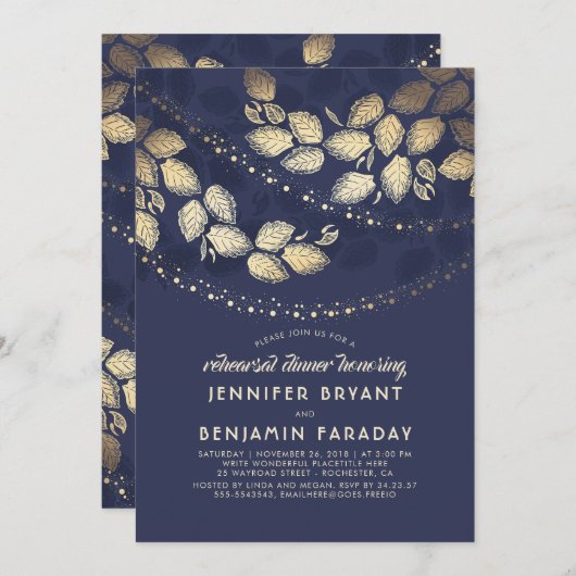 Tree Blätter String Lights Navy Probe Dinner Einladung (Vorne/Hinten)