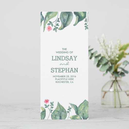 Tree Blätter Watercolor Rustikale Hochzeitsprogram Programm (Stehend Vorderseite)