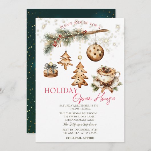 Tree Branch,Ornaments,Coffee,Stars Open House Einladung (Vorne/Hinten)