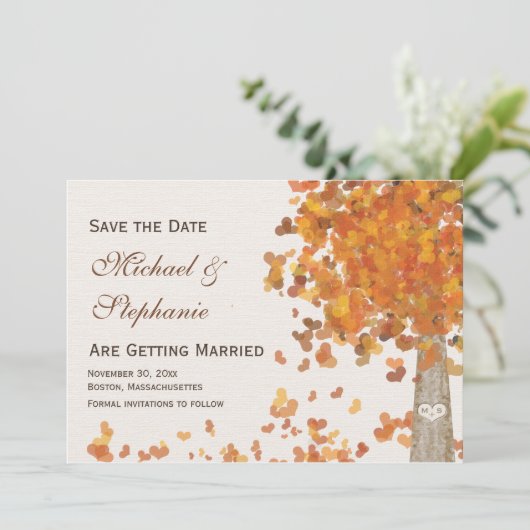 Tree-Carved Fall Save the Date Hochzeitskarte Einladung (Stehend Vorderseite)