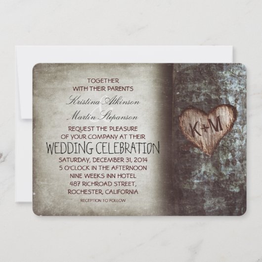 Tree Carved Heart Rustic and Vintage Wedding Einladung (Vorderseite)