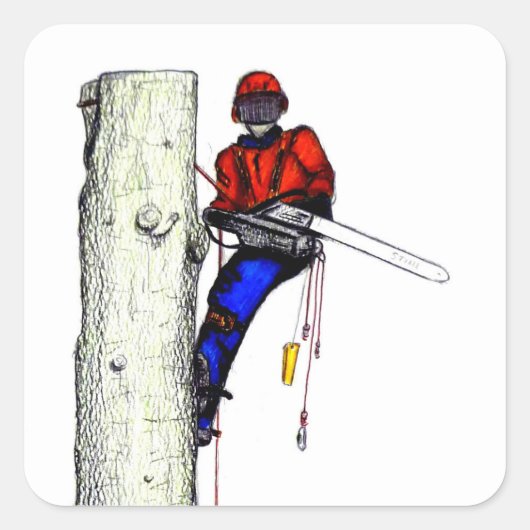 Tree Chirurg Arborist am Werk zur Zeit Chainsaw Quadratischer Aufkleber (Vorderseite)