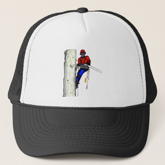 Tree Chirurg Arborist am Werk zur Zeit Chainsaw Truckerkappe (Vorderseite)