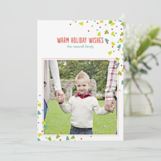 Tree Confetti Modern Flat Holiday Foto Card Feiertagskarte (Stehend Vorderseite)