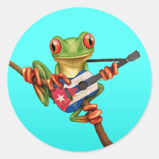 Tree Frog Playing Cuban Flag Guitar Blue Runder Aufkleber (Vorderseite)