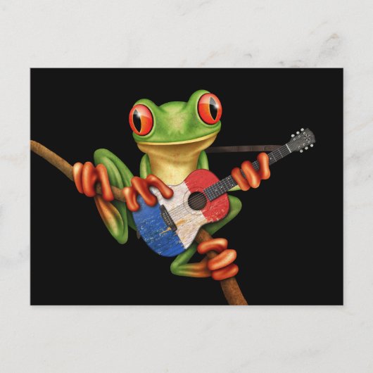Tree Frog Playing Französisch Flag Gitarre Schwarz Postkarte (Vorderseite)