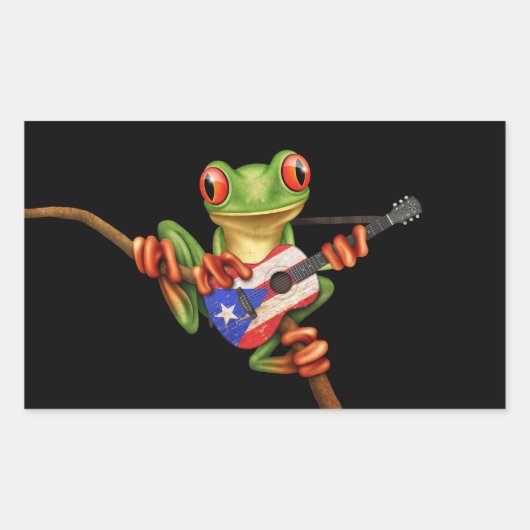 Tree Frog Playing Puerto Rico Flag Gitarre Schwarz Rechteckiger Aufkleber (Vorderseite)