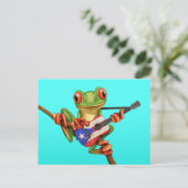Tree Frog Playing Puerto Rico Flag Guitar Blue Postkarte (Stehend Vorderseite)