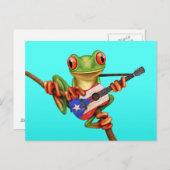 Tree Frog Playing Puerto Rico Flag Guitar Blue Postkarte (Vorne/Hinten)