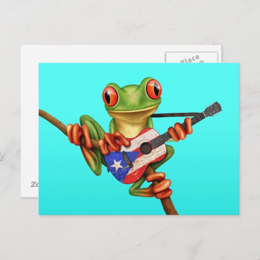 Tree Frog Playing Puerto Rico Flag Guitar Blue Postkarte (Vorne/Hinten)