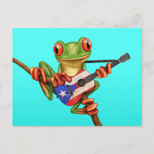 Tree Frog Playing Puerto Rico Flag Guitar Blue Postkarte