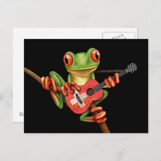 Tree Frog Playing Swiss Flag Gitarre Black Postkarte (Vorne/Hinten)