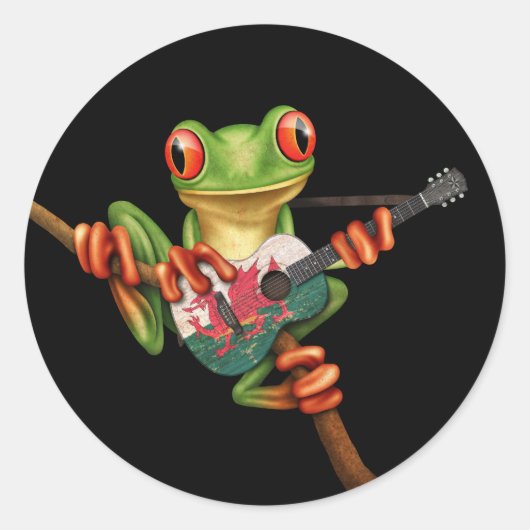 Tree Frog Playing Welsh Flag Gitarre Schwarz Runder Aufkleber (Vorderseite)