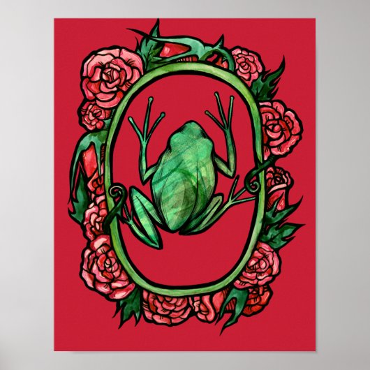 Tree Frog Rose niedliche rote Rose Froschkunstfrös Poster (Vorne)