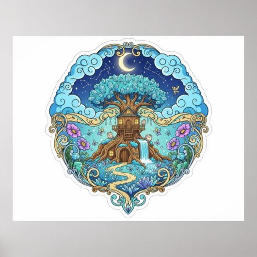 Tree House Under Moon Fantasy magical illustration Poster (Vorne)