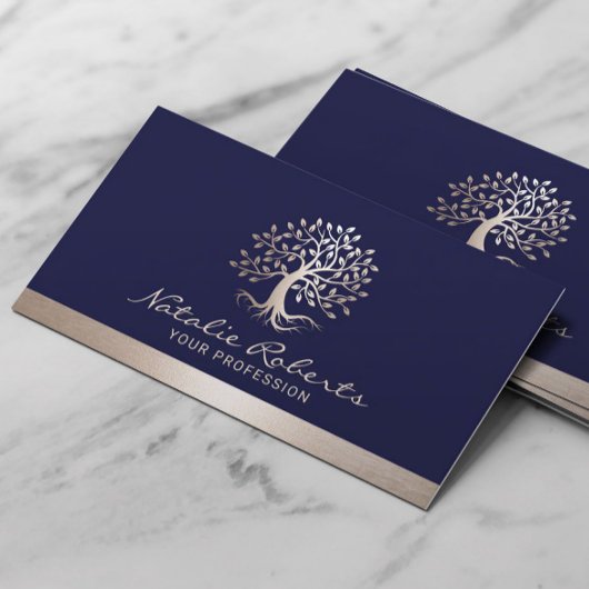 Tree Logo Elegant Navy Blue & Gold Border Visitenkarte