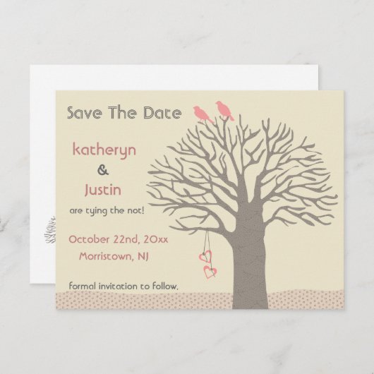 Tree Love Birds Save the Date Postcard Ankündigungspostkarte (Vorne/Hinten)