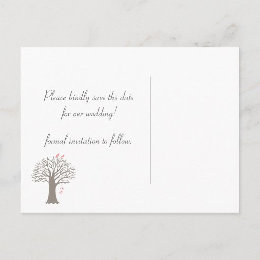 Tree Love Birds Save the Date Postcard Ankündigungspostkarte (Rückseite)