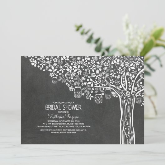 Tree Mason Jar Lights Chalkboard Brautparty Einladung (Stehend Vorderseite)