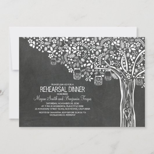 Tree Mason Jar Lights Chalkboard Probe Dinner Einladung (Vorderseite)