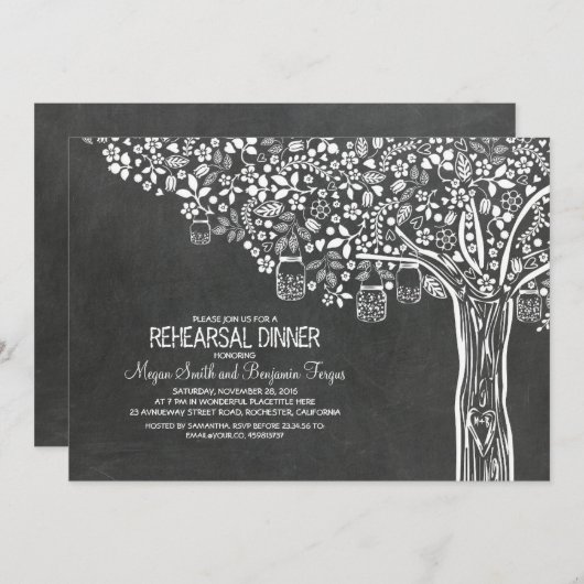 Tree Mason Jar Lights Chalkboard Probe Dinner Einladung (Vorne/Hinten)