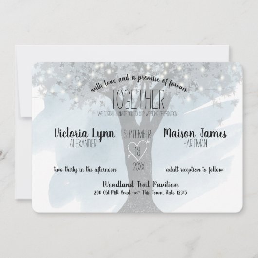 Tree mit geschnitztem Herz und String Lights Blau Einladung (Vorderseite)