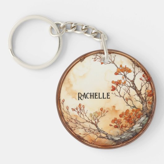 Tree mit Orange Blume Twig Wreath Blätter Schlüsselanhänger (Vorderseite)