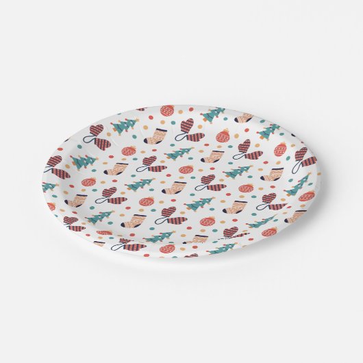 Tree Mittens Strumpfs und Baubles Weihnachten Pappteller (Schrägansicht)