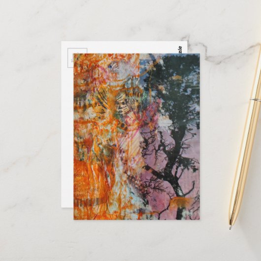 Tree Mixed Media Collage Pink Orange Blue Black Postkarte (Vorderseite/Rückseite Beispiel)