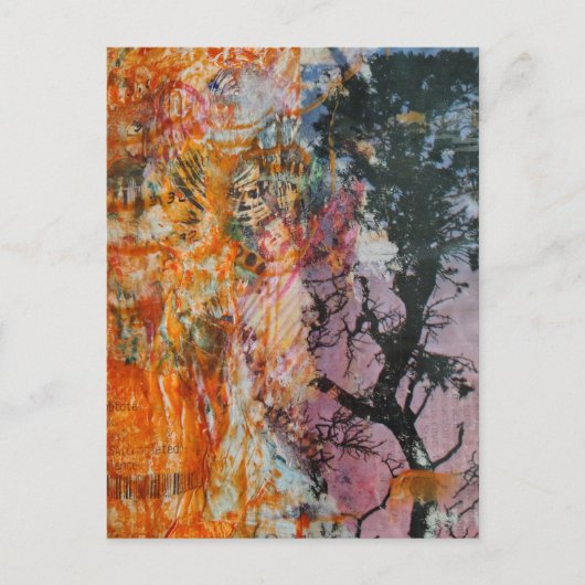 Tree Mixed Media Collage Pink Orange Blue Black Postkarte (Vorderseite)